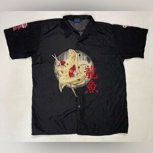 Gazoz Chinese Fish Pin Up Girl Button Up Shirt Men Large Black Short Sleeve
